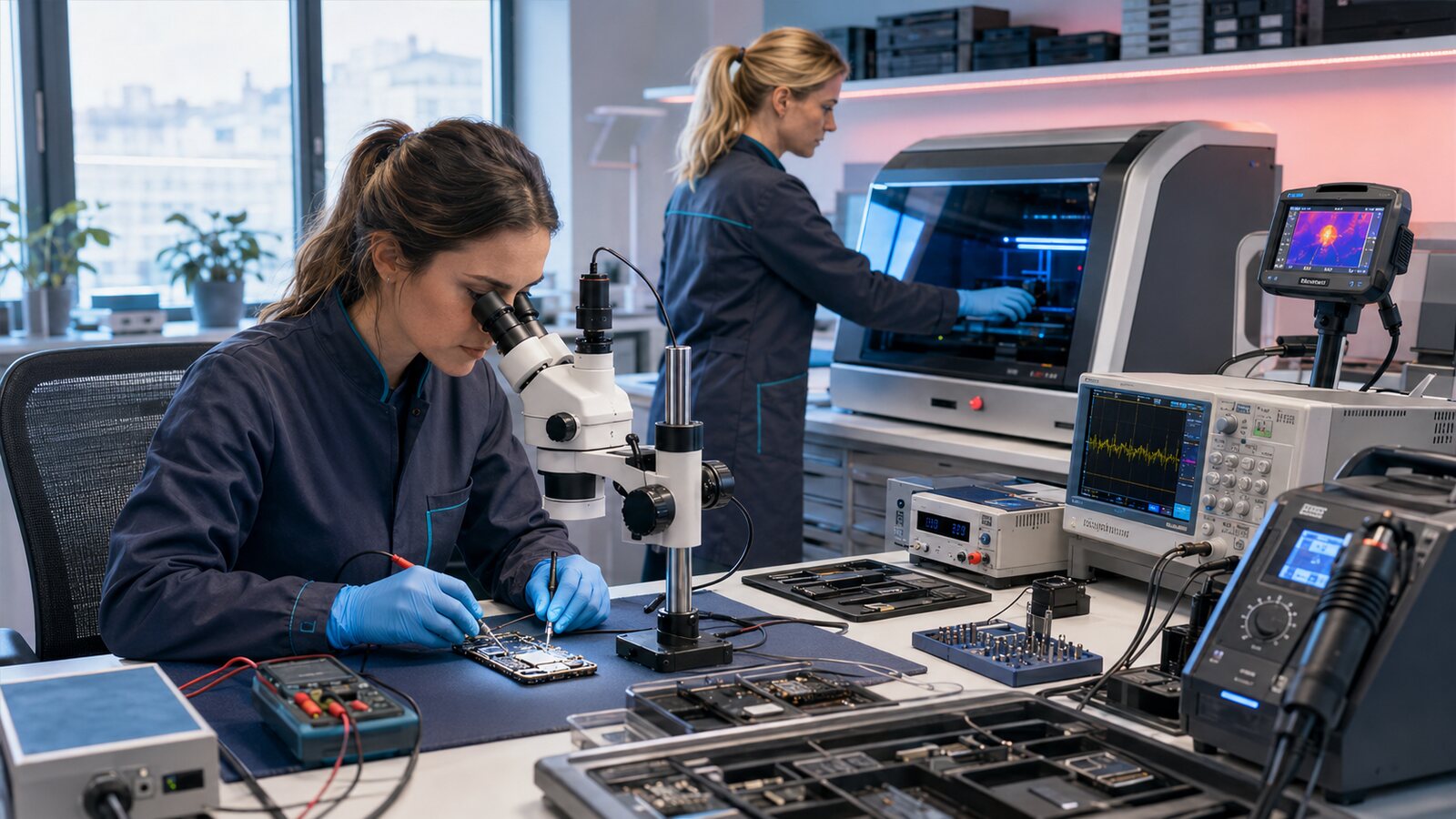 Illustrationsbild av Mazen Datas professionella reparationsmiljö med laser- och diagnosutrustning